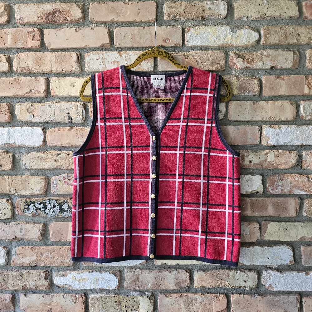 Vintage 100% Cotton Red Plaid Button-Up Sweater Vest